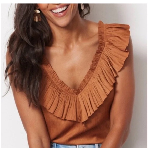 Evereve Tops - Evereve Ruffled V-Neck Brown Blouse